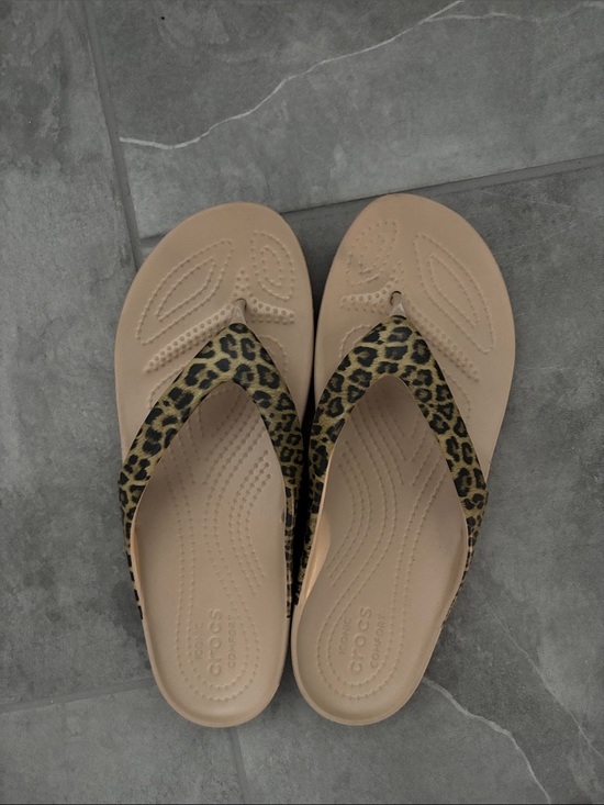 CROCS Shoes - CROCS Leopard-Print Strap Thong Sandals in Light Beige